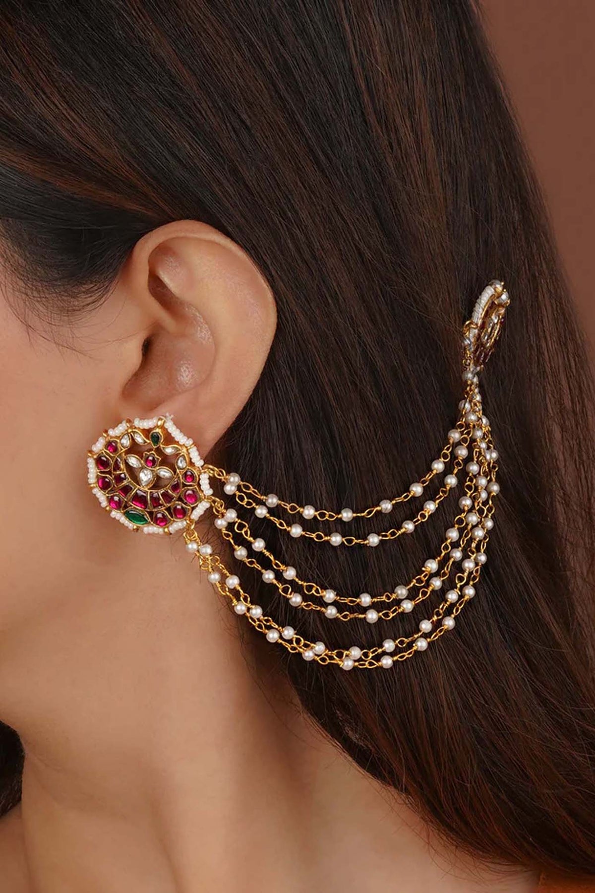 Gold Plated Uncut Polki & Beaded Jadau Earchains