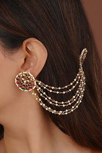 Gold Plated Uncut Polki & Beaded Jadau Earchains