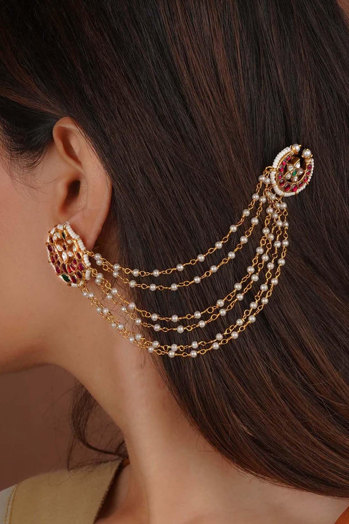 Gold Plated Uncut Polki & Beaded Jadau Earchains