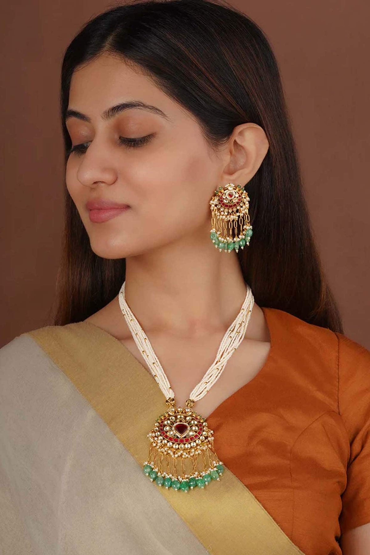 Gold Plated Uncut Polki & Beaded Jadau Long Necklace Set