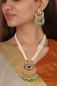 Gold Plated Uncut Polki & Beaded Jadau Long Necklace Set