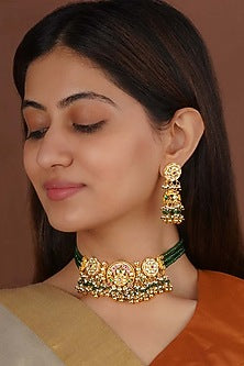 Gold Plated Uncut Polki & Beaded Jadau Choker Necklace Set