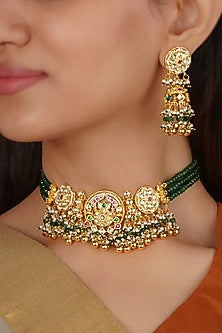 Gold Plated Uncut Polki & Beaded Jadau Choker Necklace Set