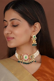 Gold Plated Uncut Polki & Beaded Jadau Choker Necklace Set