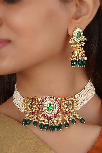 Gold Plated Uncut Polki & Beaded Jadau Choker Necklace Set
