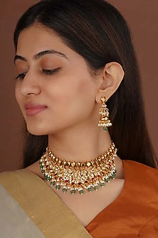Gold Plated Uncut Polki & Beaded Jadau Necklace Set
