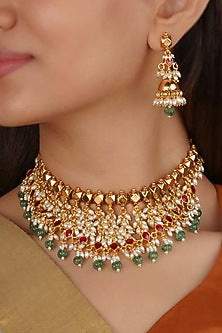 Gold Plated Uncut Polki & Beaded Jadau Necklace Set
