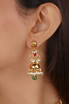 Gold Plated Uncut Polki & Beaded Jadau Necklace Set