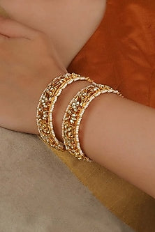 Gold Plated Uncut Polki & Beaded Jadau Bangles (Set Of 2)
