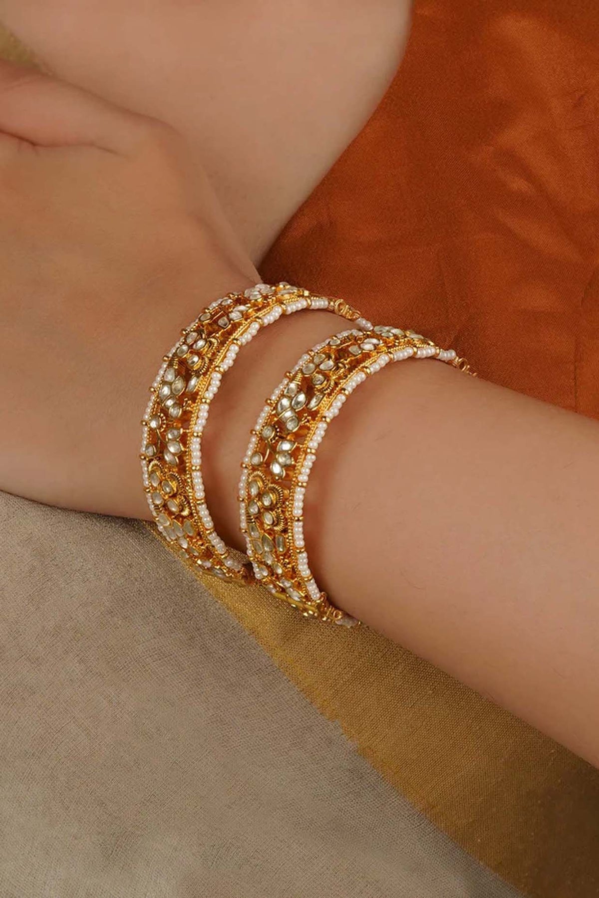 Gold Plated Uncut Polki & Beaded Jadau Bangles (Set Of 2)
