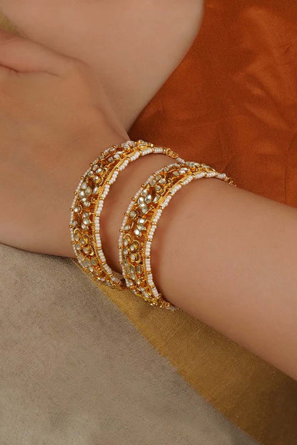 Gold Plated Uncut Polki & Beaded Jadau Bangles (Set Of 2)
