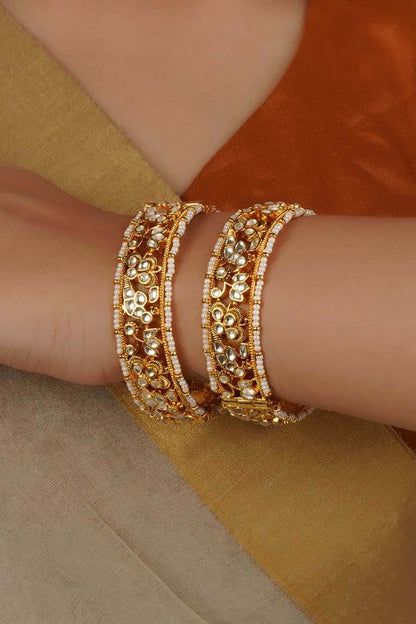 Gold Plated Uncut Polki & Beaded Jadau Bangles (Set Of 2)