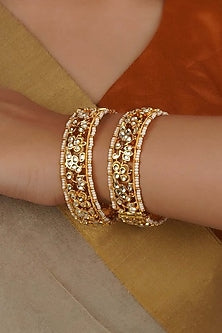 Gold Plated Uncut Polki & Beaded Jadau Bangles (Set Of 2)
