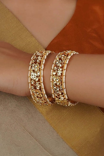 Gold Plated Uncut Polki & Beaded Jadau Bangles (Set Of 2)