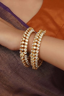 Gold Plated Uncut Polki & Beaded Jadau Bangles (Set Of 2)