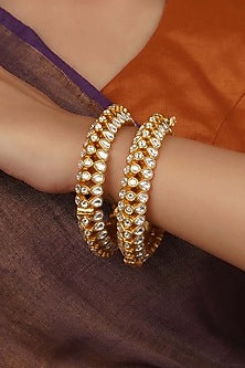 Gold Plated Uncut Polki & Beaded Jadau Bangles (Set Of 2)