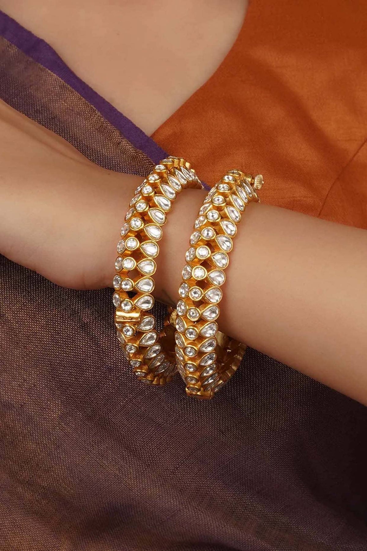 Gold Plated Uncut Polki & Beaded Jadau Bangles (Set Of 2)