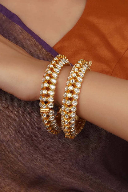 Gold Plated Uncut Polki & Beaded Jadau Bangles (Set Of 2)