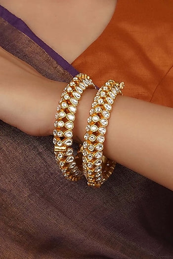 Gold Plated Uncut Polki & Beaded Jadau Bangles (Set Of 2)