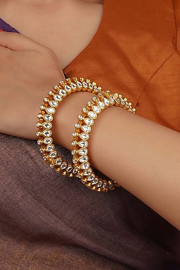 Gold Plated Uncut Polki & Beaded Jadau Bangles (Set Of 2)