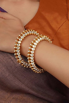 Gold Plated Uncut Polki & Beaded Jadau Bangles (Set Of 2)