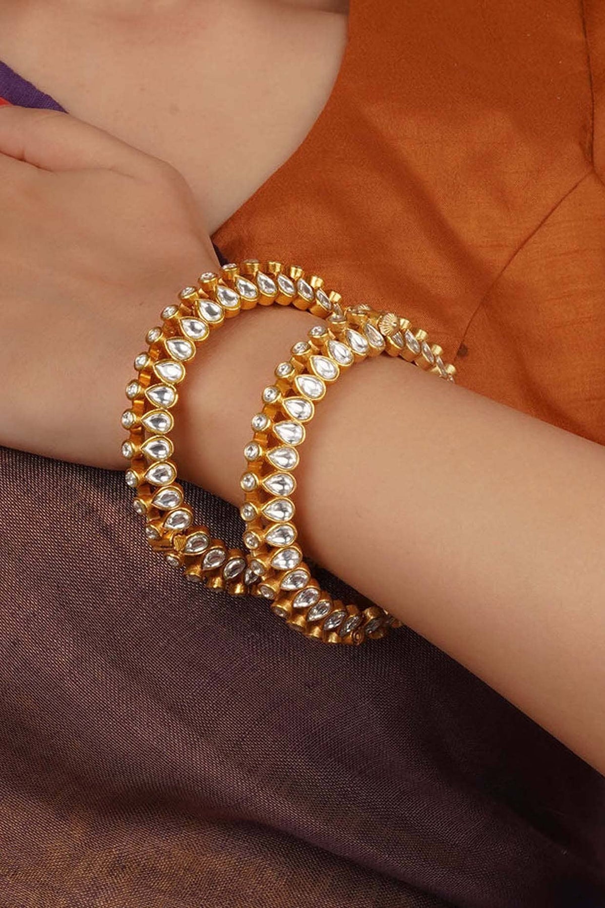 Gold Plated Uncut Polki & Beaded Jadau Bangles (Set Of 2)