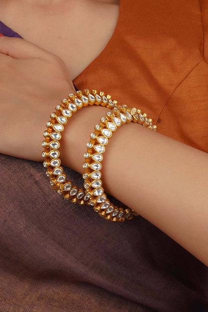 Gold Plated Uncut Polki & Beaded Jadau Bangles (Set Of 2)