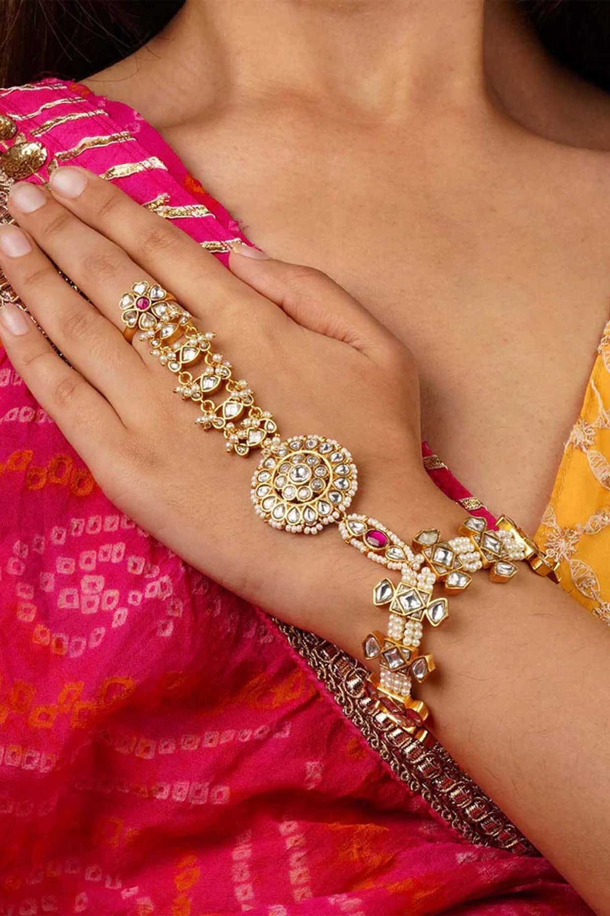 Gold Plated Uncut Polki & Beaded Jadau Haathphool