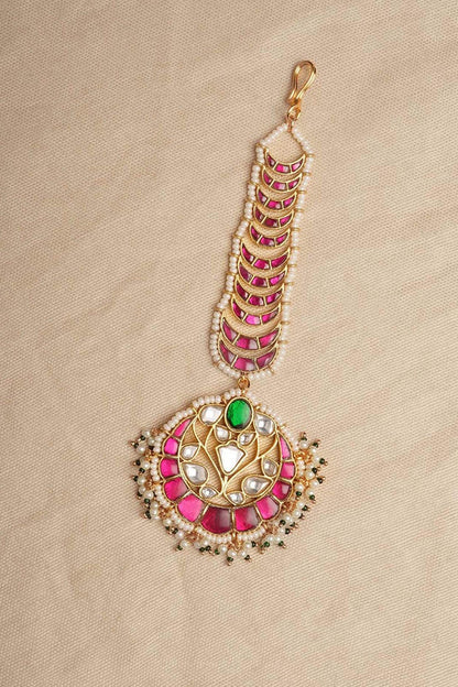 Gold Plated Uncut Polki & Beaded Jadau Maangtikka