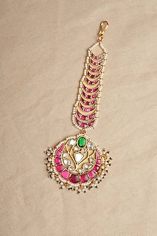 Gold Plated Uncut Polki & Beaded Jadau Maangtikka
