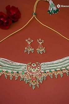 Gold Plated Uncut Polki & Beaded Jadau Choker Necklace Set