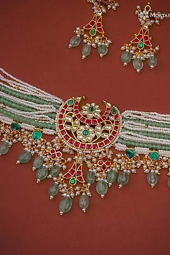 Gold Plated Uncut Polki & Beaded Jadau Choker Necklace Set