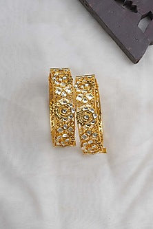 Gold Plated Uncut Polki & Beaded Jadau Bangles (Set Of 2)