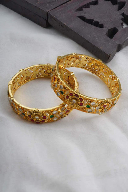 Gold Plated Uncut Polki & Beaded Jadau Bangles (Set Of 2)