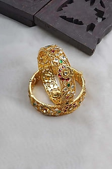 Gold Plated Uncut Polki & Beaded Jadau Bangles (Set Of 2)