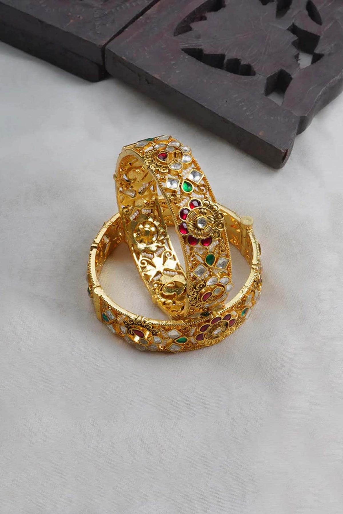 Gold Plated Uncut Polki & Beaded Jadau Bangles (Set Of 2)