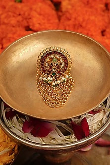 Gold Plated Uncut Polki & Beaded Jadau Ring