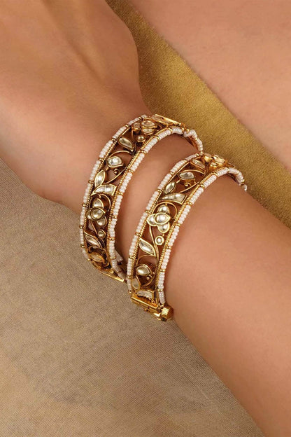 Gold Plated Uncut Polki & Beaded Jadau Bangles (Set Of 2)