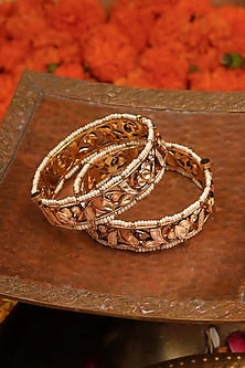 Gold Plated Uncut Polki & Beaded Jadau Bangles (Set Of 2)