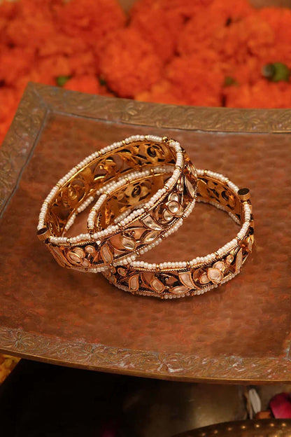 Gold Plated Uncut Polki & Beaded Jadau Bangles (Set Of 2)