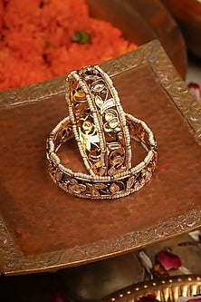Gold Plated Uncut Polki & Beaded Jadau Bangles (Set Of 2)