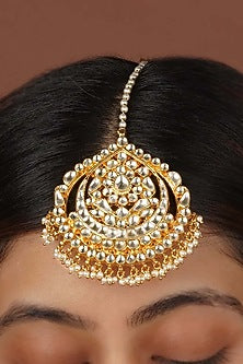 Gold Plated Uncut Polki & Beaded Jadau Maangtikka