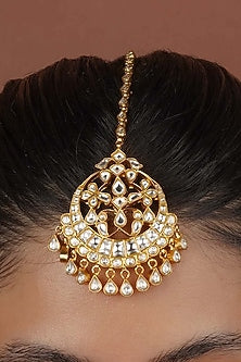 Gold Plated Uncut Polki & Beaded Jadau Maangtikka