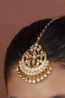 Gold Plated Uncut Polki & Beaded Jadau Maangtikka