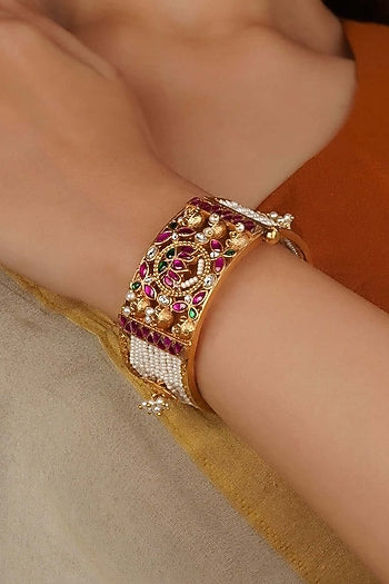 Gold Plated Uncut Polki & Beaded Jadau Bangle