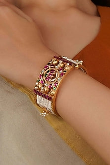 Gold Plated Uncut Polki & Beaded Jadau Bangle