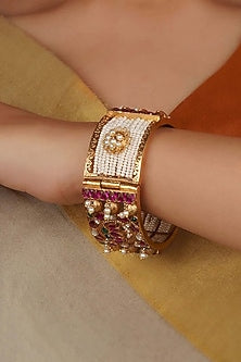 Gold Plated Uncut Polki & Beaded Jadau Bangle