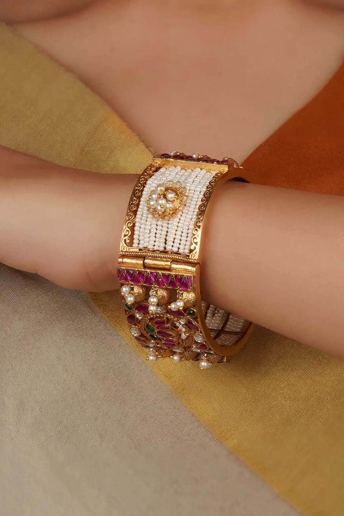 Gold Plated Uncut Polki & Beaded Jadau Bangle