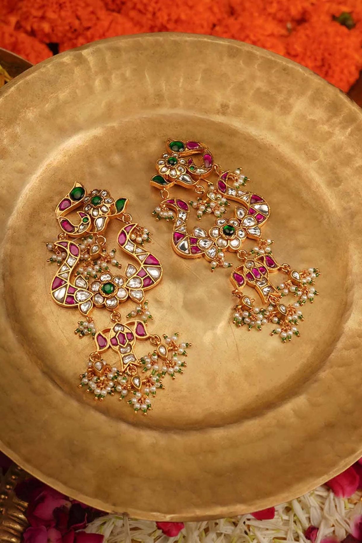 Gold Plated Uncut Polki & Beaded Jadau Dangler Earrings