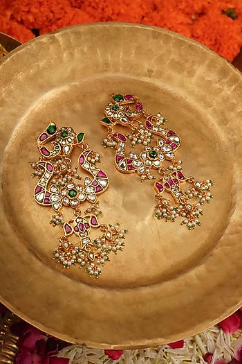 Gold Plated Uncut Polki & Beaded Jadau Dangler Earrings